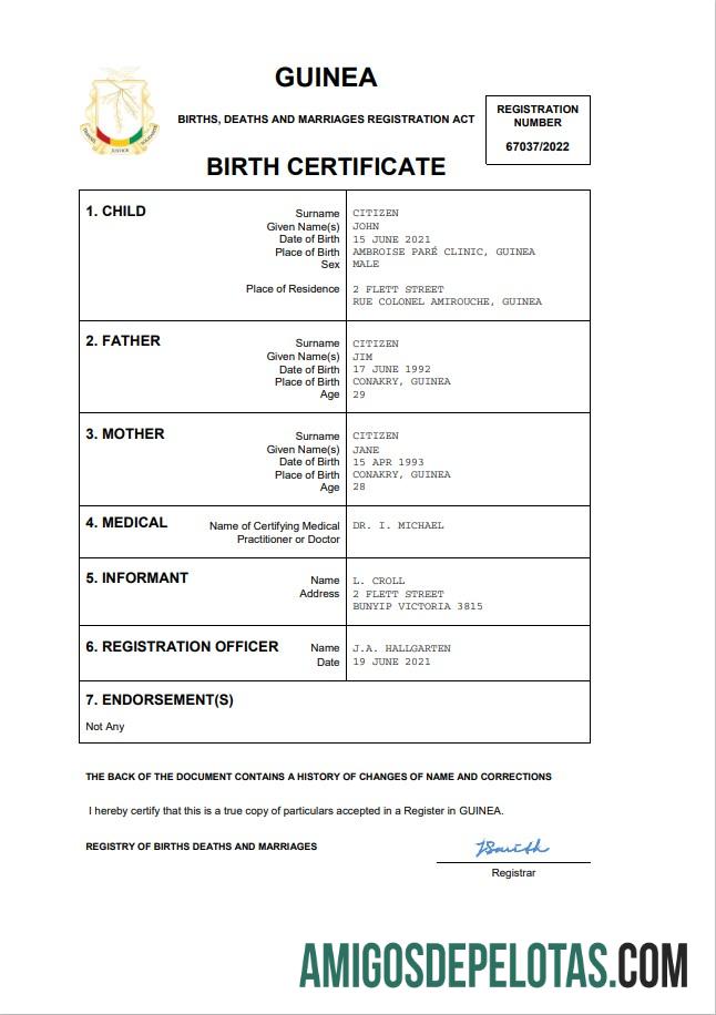 Imprimível modelo Word e PDF de certidão de nascimento de registro vital da Guiné